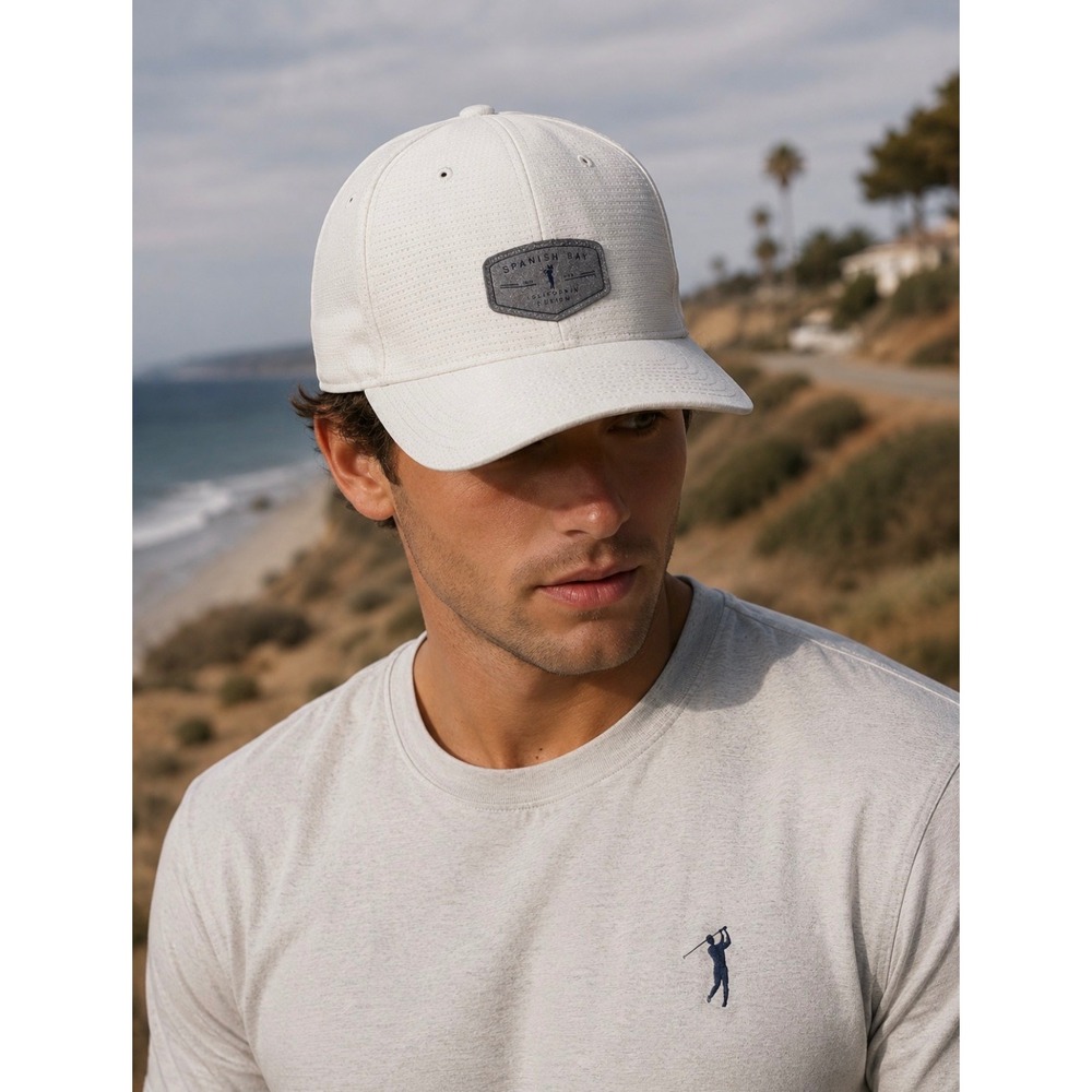 Pebble Beach Spanish Bay Flexfit 110 White Golf Snapback Hat Yupoong Tech Cap